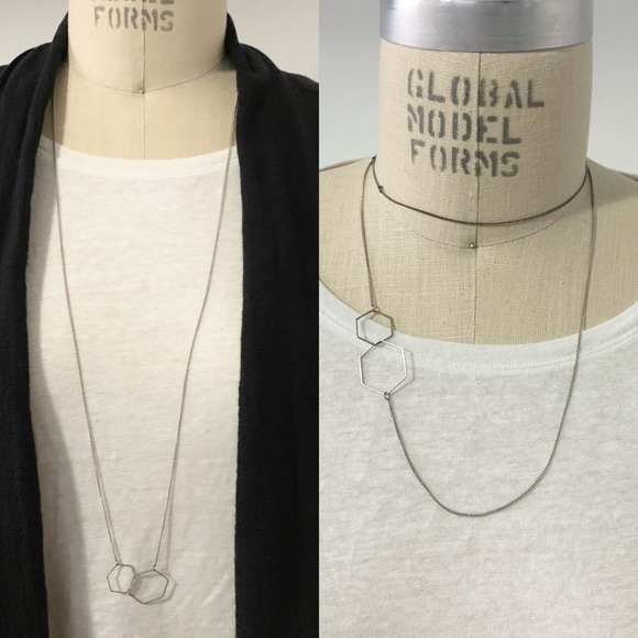 Silvertone Geometric Hexagon Shape Long Necklace - Picture 1 of 7